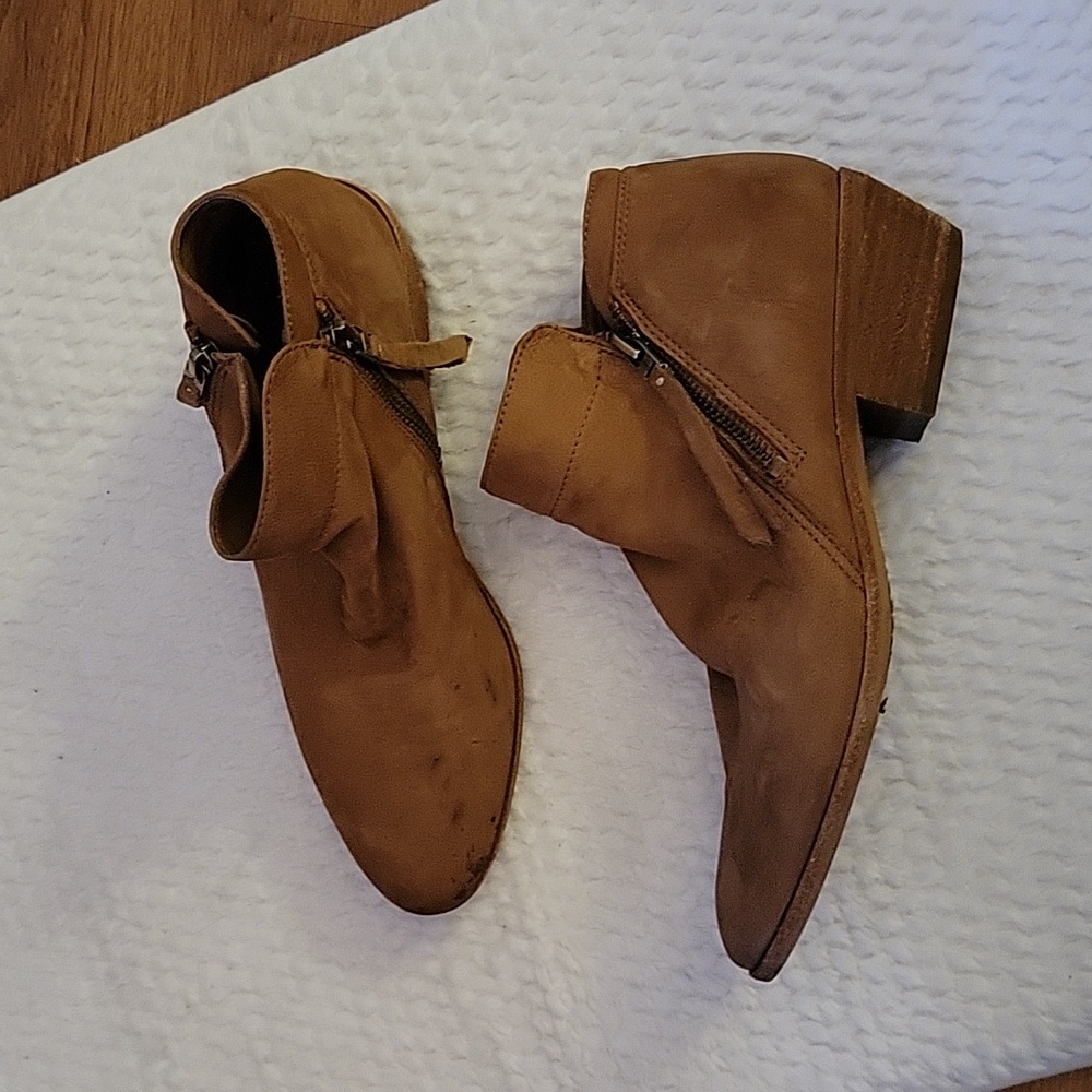 Sam Edelman tan suede leather ankle boots double zip stack heel round toe 8.5 …